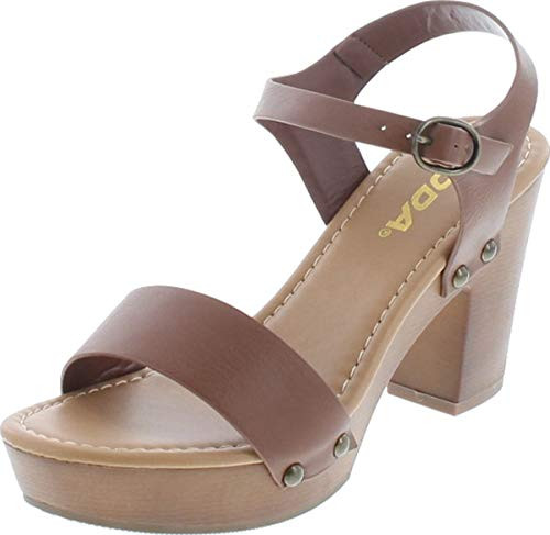 Soda CHIVAS ~ Women's Bold Buckles Studded Wedge Sandal -Tan Pu, numeric-8-