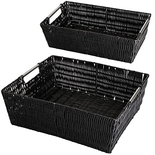 Yopay 2 Pack Storage Baskets, Split Rattique Shelf Storage Tote Basket with Built-in Handles, Rectangular Wicker Baskets for Home Organizer, 15" x 12" x 5", 14" x 8" x 4"