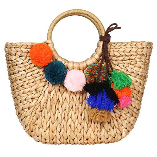 Womens Large Straw Bags Beach Tote Bag Handwoven Hobo Bag Summer Beach Bag Straw Handbag -Brown with Pom Poms-