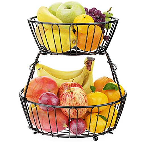 Fruit Basket, iSPECLE 2 Tier Countertop Fruit Storage Basket with Removable Wire Basket Bowl Storage Saving Space for Kitchen Pantry Bathroom