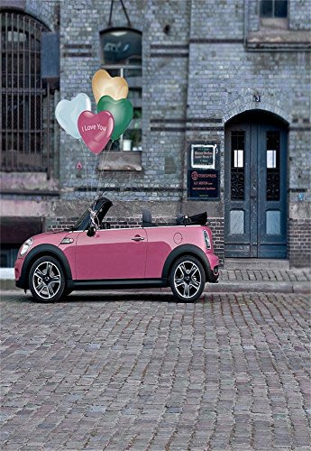 Laeacco Vinyl Thin Backdrop 5x7FT Photography Background Pink Car European Architecture Brick House Floor Balloons Scene Child Adults Background 1.5-W- x2.2-H- m Backdrop for Video Photo Studio Props