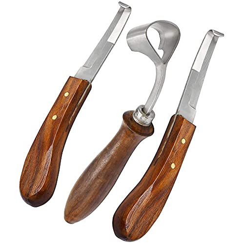 AAProTools Hoof Knife 3 Piece Set Sharpener Right  and  Left Handed Double Edge Swiss Hoof Knife Farrier Horses Goats Pick Trimming Knives Wooden Handle