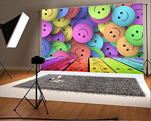 Laeacco Vinyl 7x5FT Photography Background Round Smiling Face Painted Color Stripes Wood Floor Scene Backdrops Portraits Shooting Video Studio Props