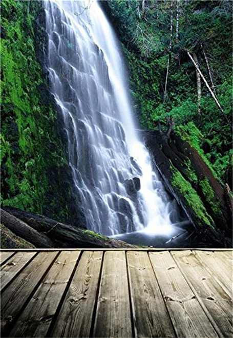 Laeacco 5x7ft Vinyl Backdrop Photography Green Forest Mountain Waterfall Wood Floor Texture Weathered Background Children Shoot Photo Studio Prop