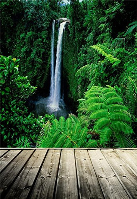 Laeacco 5x7ft Vinyl Backdrop Photography Waterfall Green Trees Leaves Nature Scenery Wood Floor Grunge Background Children Shoot Photo Studio Prop