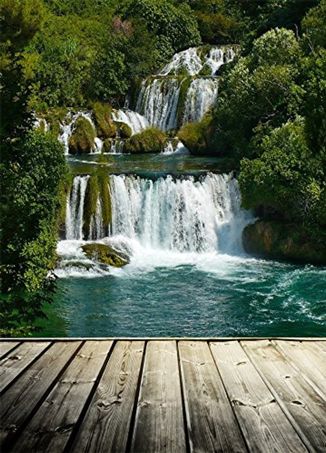 Laeacco 5x7ft Vinyl Backdrop Photography Green Mountain Trees Waterfall Wood Floor Texture Weathered Background Cascade Water Landscape Photo Backdrops Children Shoot Photo Studio Prop