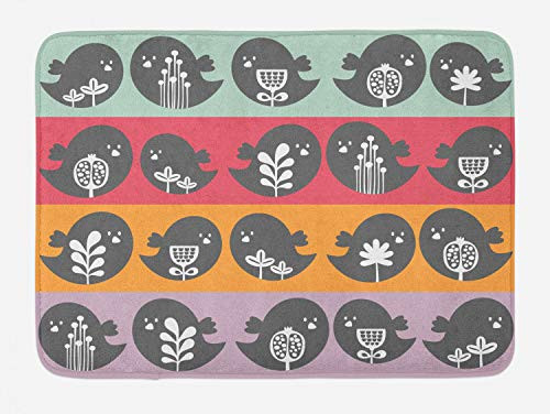Lunarable Colorful Bath Mat, Birds Gardening Branches Flowers Buttercup Blooms Plants Childish Retro Doodle, Plush Bathroom Decor Mat with Non Slip Backing, 29.5" X 17.5", Multicolor