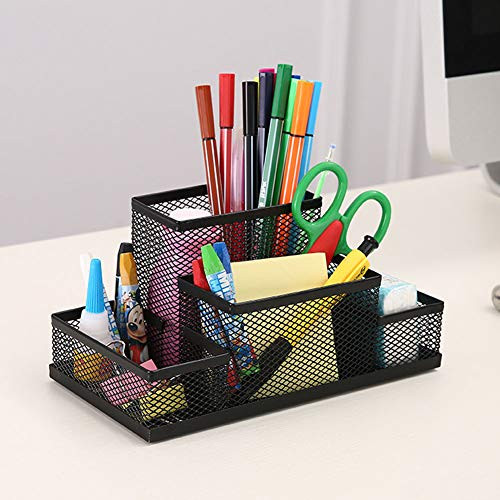 Mesh Pencil Cup Organizer, Desk Organizer Office Supplies Caddy with Pen Holder, Pen Organizer Pencil Paperclip Holder for Desk Office,4 Compartments, Black