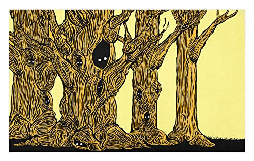Ambesonne Dark Forest Doormat, Illustration of Grove of Spooky Trees in Woodcut Inspired Style, Decorative Polyester Floor Mat with Non-Skid Backing, 30" X 18", Yellow and Charcoal Grey