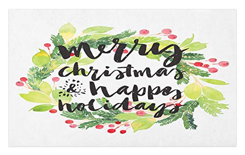 Ambesonne Christmas Doormat, New Year and Happy Holiday Rustic Design Wreath with Berries and Evergreen Image, Decorative Polyester Floor Mat with Non-Skid Backing, 30" X 18", White Green
