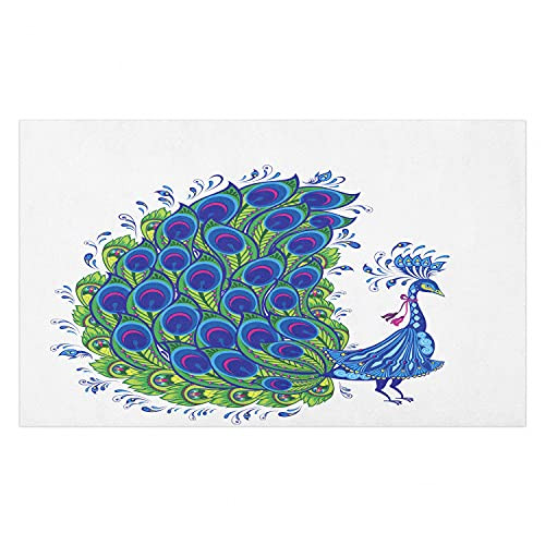 Ambesonne Peacock Blue Doormat, Bohemian Detail Nature Feathers Exotic Jungle Bird Illustration, Decorative Polyester Floor Mat with Non-Skid Backing, 30" X 18", White Indigo Forest Green