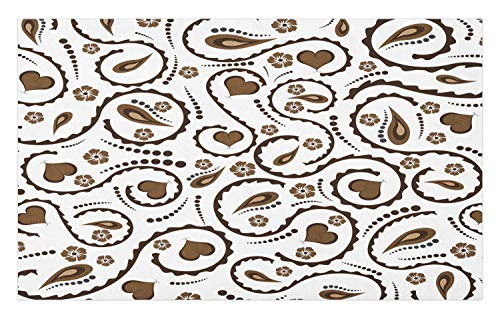 Ambesonne Romantic Doormat, Heart Swirls Dots Paisley Inspired Design with Love Signs Image, Decorative Polyester Floor Mat with Non-Skid Backing, 30" X 18", Dark Brown and White