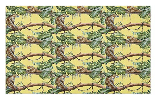 Ambesonne Watercolor Doormat, Leopards in The Jungle Tropical Scene Tree Branches and Leaves, Decorative Polyester Floor Mat with Non-Skid Backing, 30" X 18", Yellow Green Pale Yellow