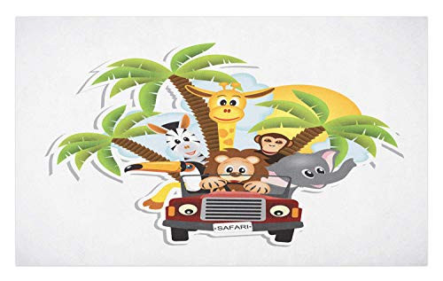 Ambesonne Baby Doormat, Zebra Toucan Lion and Elephant Forest Animals Driving Safari Theme, Decorative Polyester Floor Mat with Non-Skid Backing, 30" X 18", Multicolor