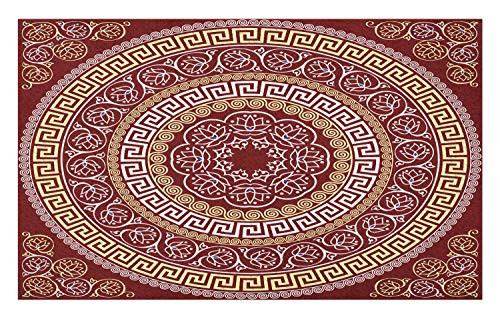 Ambesonne Greek Key Doormat, Round and Square Ornament Meander with Floral Motifs and Spirals, Decorative Polyester Floor Mat with Non-Skid Backing, 30" X 18", Ruby Pale Yellow White