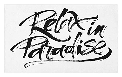 Ambesonne Saying Doormat, Modern Calligraphy Retro Brush Stroked Hand Lettering Relax in Paradise Message, Decorative Polyester Floor Mat with Non-Skid Backing, 30" X 18", Black and White