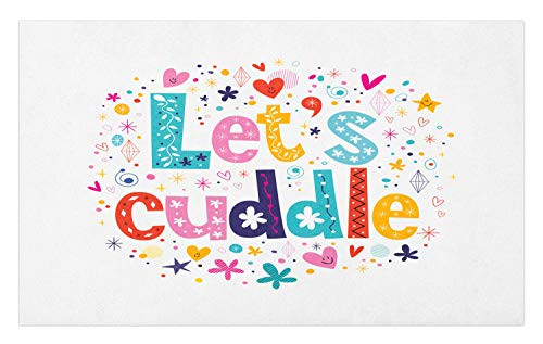 Ambesonne Lets Cuddle Doormat, Colorful Doodle Illustration of Lettering with Swirls Hearts and Funky Motifs, Decorative Polyester Floor Mat with Non-Skid Backing, 30" X 18", Multicolor