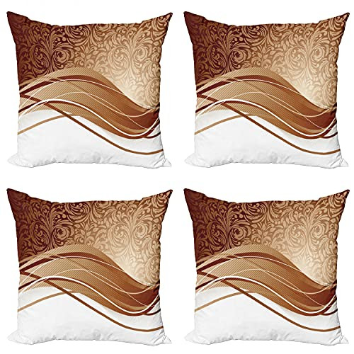 Ambesonne Chocolate Throw Pillow Cushion Case Pack of 4, Brown Toned Classical Medieval Foliage Motifs with Curved Stripes Pattern, Modern Accent Double-Sided Digital Printing, 20", Pale Brown Beige