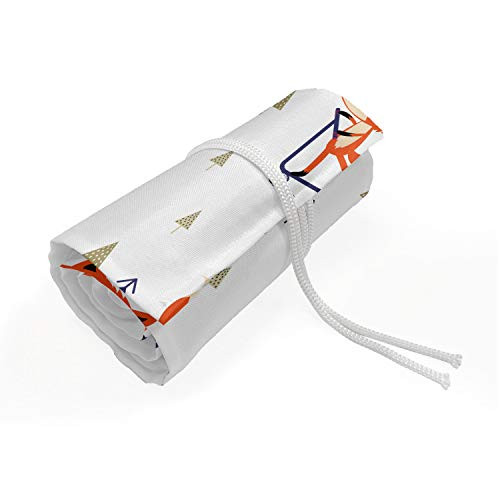 Ambesonne Fox Roll Up Pencil Holder, Wild Animal Character with Scooter Little Repeating Trees, Painting Drawing Pencils Case for Artists Students, 72 Loops, Burnt Orange Indigo