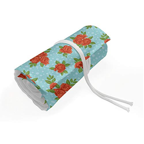 Ambesonne Floral Pencils Case Wrap Roll Holder, Romantic Roses and Leaves on a Background of Bubbles, Durable  and  Portable Canvas Pencil Organizer, 72 Loops, Blue Burnt Orange
