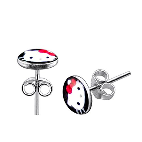 AtoZ Piercing Hello Kitty on Black Background Logo Picture 925 Sterling Silver Stud Earring Jewelry