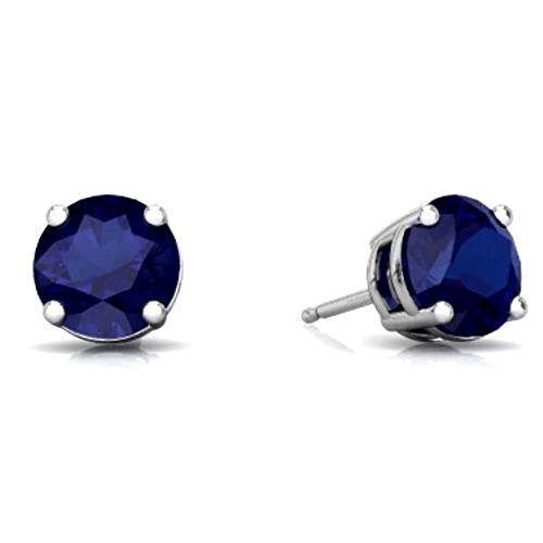 Created Blue Sapphire Round Stud Earrings .925 Sterling Silver Rhodium Finish