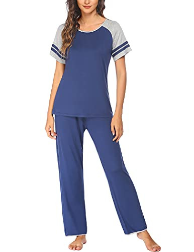 ELOVER Womens Pajama Set Short Sleeve Two Piece Pjs Cotton Loungewear Soft Sleepwear Blue