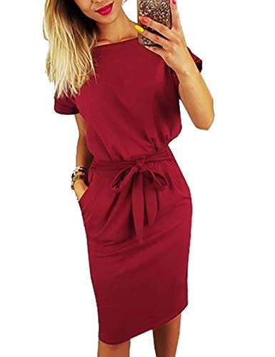 Summer Short Sleeve Tshirt Dress for Women Sexy Midi Dresses with Pockets Wine Red,XL