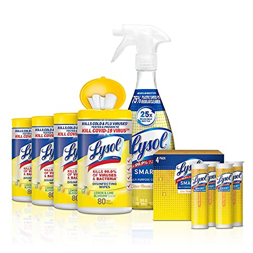 Lysol Disinfecting Wipes, Lemon and Lime Blossom, 80 ct -Pack of 4- Plus Lysol Smart Multi-Purpose Cleaner Kit, Assortment, Citrus, 1 Count, Packaging May Vary