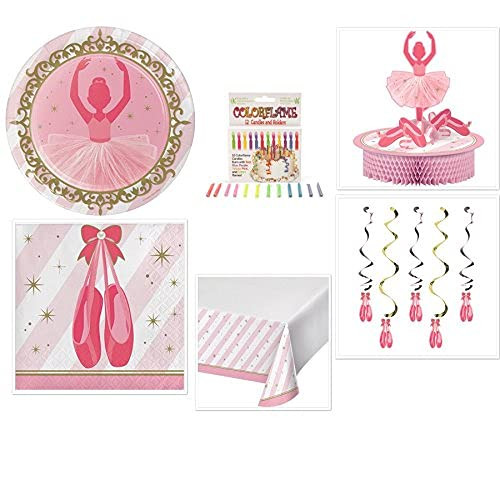 Ballerina Twinkle Toes Party Supplies Bundle 16 Dinner Plates, 16 Lunch Napkins, Table Cover, Centerpiece, Dizzy Danglers, Candles, Recipe