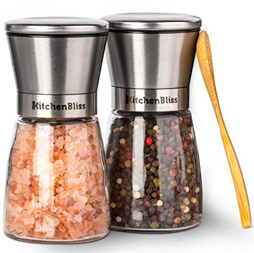 Professional Salt and Pepper Grinder Set  Premium Stainless Steel Salt and Pepper Shakers with Ceramic Spice Grinder Mill for Adjustable Coarseness - Free Bonus.