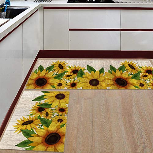 WSHINE 2 Piece Kitchen Mat Floor Mat Bathroom Area Rugs Doormat Runner Rug Set Kitchen Carpet, Sunflowers on Wooden Board