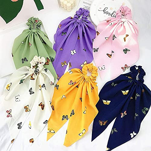 Hair Scarf Scrunchies 6 pieces Hair Ties Scarf Elastic Scrunchies for Hair Ties Scarf Bow Hair Scrunchies Scarf Bow Chiffon 2 in 1 Hair Tie Scrunchies Butterfly Scarves Chiffon Hair Bands Ponytail Holder for Women and Girls