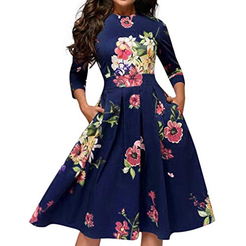 TheRang Women's Floral Vintage Dress 3/4 Sleeves Elegant Evening Party Swing Midi Dress Blue