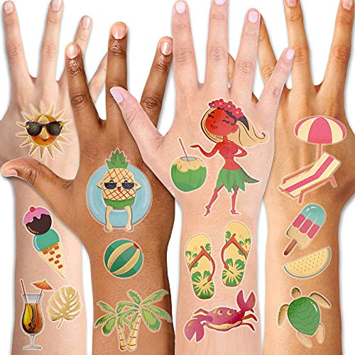 Konsait 97pcs Glitter Summer Beach Pool Hawaiian Luau Themed Temporary Tattoos for Kids, Assorted Tropical Tattoos,Tropical Party Decoration Supplies, Kids Birthday Party Bag Filler Party Favors