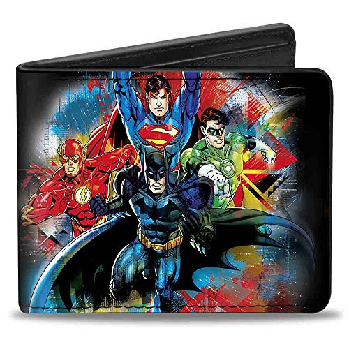 Buckle-Down PU Bifold Wallet - Justice League 4-Superhero Group Pose Splatter  plus Logo Black/Gray/Red/Multi Color