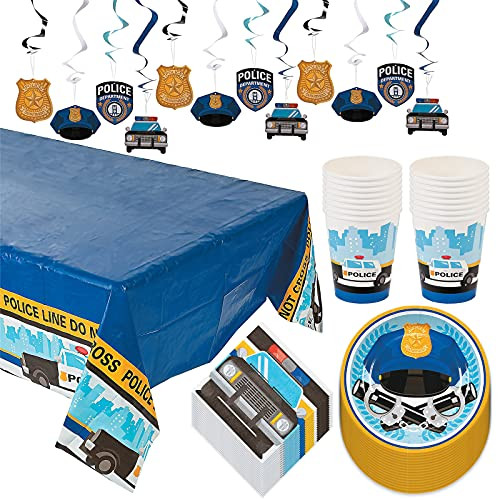 Police Party Pack - Paper Dessert Plates, Napkins, Cups, Table Cover, and Hanging Cutouts -Serves 16- Police Party Pack - Paper Dessert Plates, Napkins, Cups, Table Cover, and Hanging Cutouts -Serves 16-