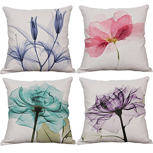 YeeJu Set of 4 Plant Throw Pillow Covers Decorative Square Cotton Linen Cushion Covers Outdoor Sofa Home Couch Lotus Pillow Covers 20x20 Inch