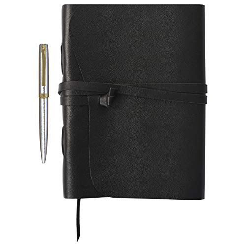 Elizo Refillable Leather Journal Lined Pages - Black Leather Journal for Men and Women - Leather Notebook - Leather Bound Journal  Large Leather Writing Notebook with Pen  240 Pages, 7x9  1002