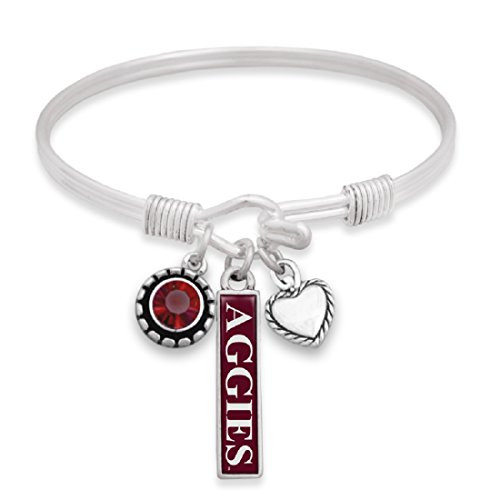 FTH Texas A and M Aggies Triple Charm Wire Bangle Bracelet with Heart, Nameplate and Rhinestone Charms
