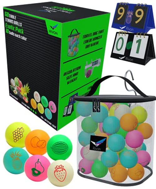 Rivon Ping Pong Balls - 60 Table Tennis Balls - Each Ping Pong Ball is 40 plus, 3 Star - Colored Indoor/Outdoor Ping Pong Balls Bulk, High Performance ABS - Exotic Pack