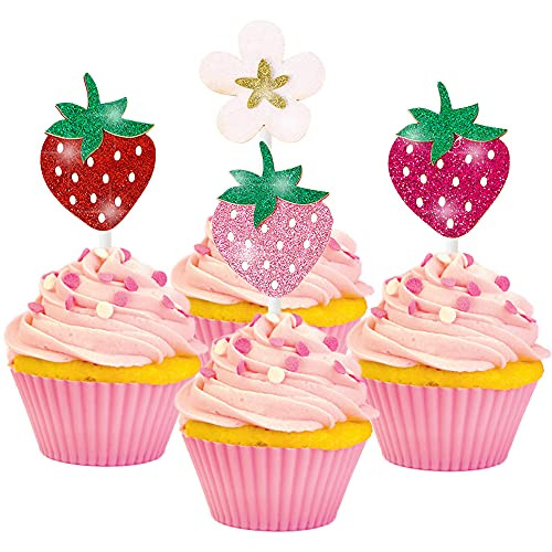 24pcs Berry Sweet Birthday Party Decorations,Strawberry Theme Cupcake Toppers for Summer Fruit Themed Party Food Picks Supplies