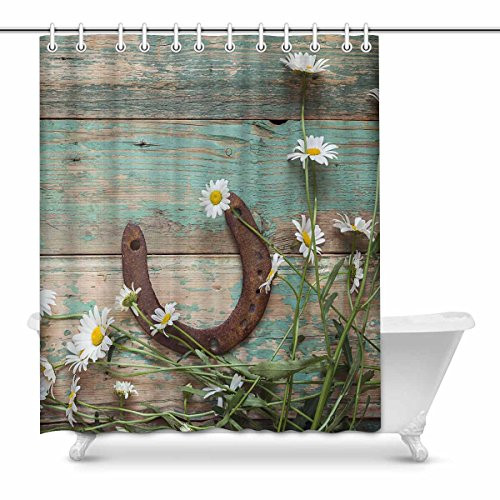 InterestPrint Rusty Horseshoe and Daisies on Rustic Old Barn Wood Decor Waterproof Polyester Fabric Shower Curtain Bathroom Sets with Hooks, 60(Wide) x 72(Height) Inches