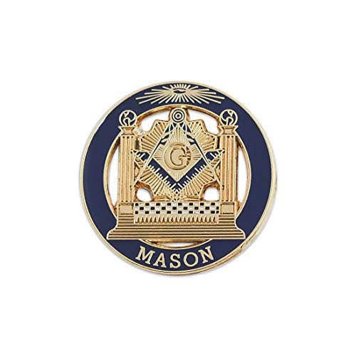 Square  and  Compass with Double Column Round Masonic Lapel Pin - [Blue  and  Gold-[1'' Diameter-