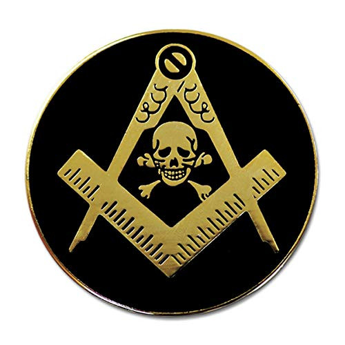 Widow's Son Skull Square  and  Compass Round Masonic Lapel Pin - [Black  and  Gold-[1'' Diameter-