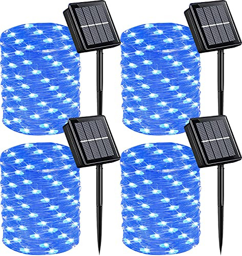 Solar String Lights Outdoor Waterproof, 4 Pack Each 100 LED Solar Fairy Lights Blue, Clear PVC Wire Solar Rope Lights, 8 Modes Twinkle Firefly Lights