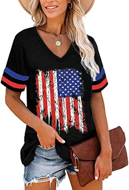 Women's American Flag T Shirts 4th of July Short Sleeve Tee Shirt Stripe Star USA Patriotic Summer Blouse Tops -XL, Black National Flag-