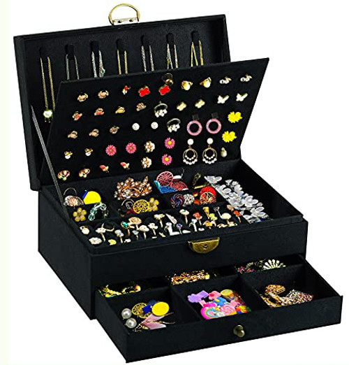 Jewelry Box for Women Girls, QBestry Big Jewelry Earrings Organizer Box with Lock Drawer Women Jewelry Display Storage Case for Earrings Bracelets Rings Necklace Watches -Style6