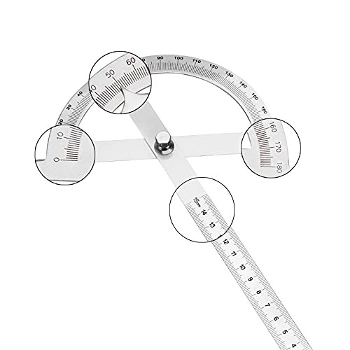 Broadfashion Round Head Protractor 0-180 Degree Angle Protractor Angle Finder Swing Arm Protractor 0-180 Degrees Stainless Steel Goniometer Protractor Ruler 15cm