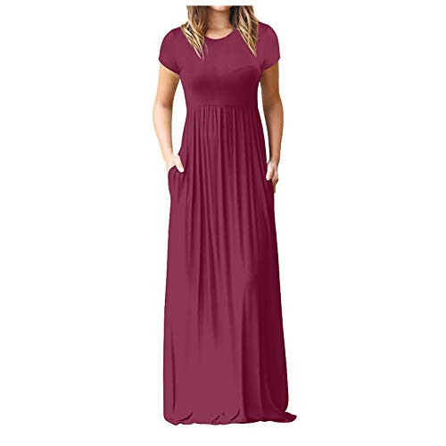 GGOGO Fashion Women Long Dresses Summer O Neck Casual Solid Color Pockets Short Sleeve Floor Length Dress Loose Party Dress-Wine Red,S-